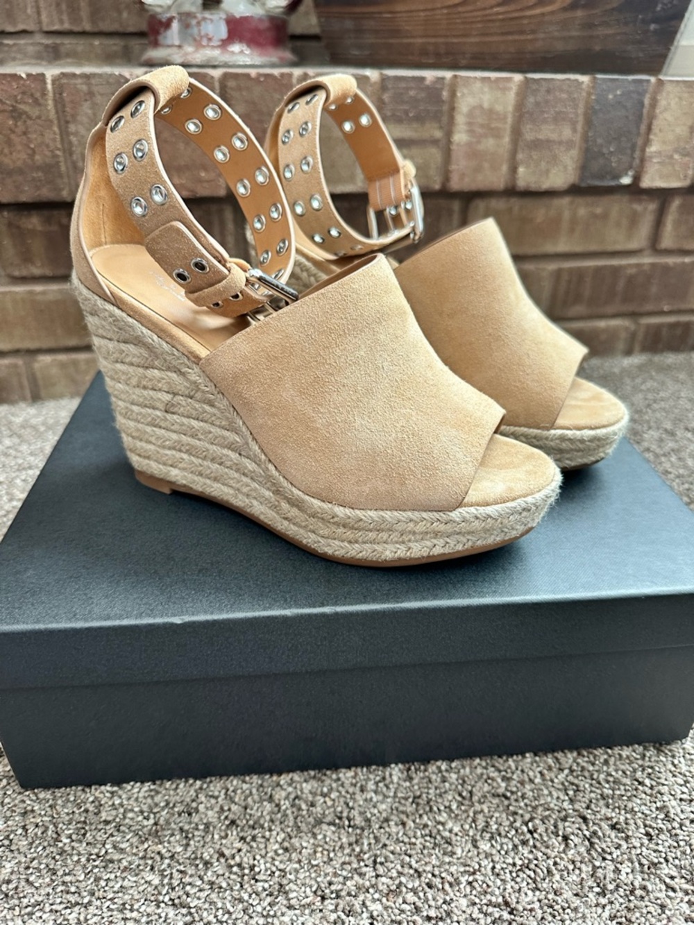 NWT Rag & Bone Anteros Wedge Espadrille Oak Brown Suede Sandals Size 7.5 EU 37.5